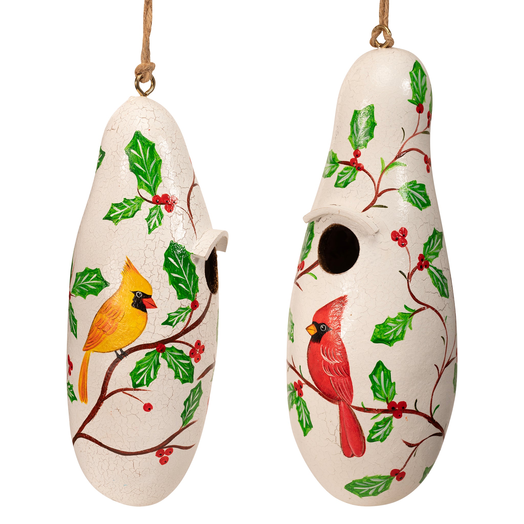 Winter Cardinal Pair - Painted Gourd Birdhouse