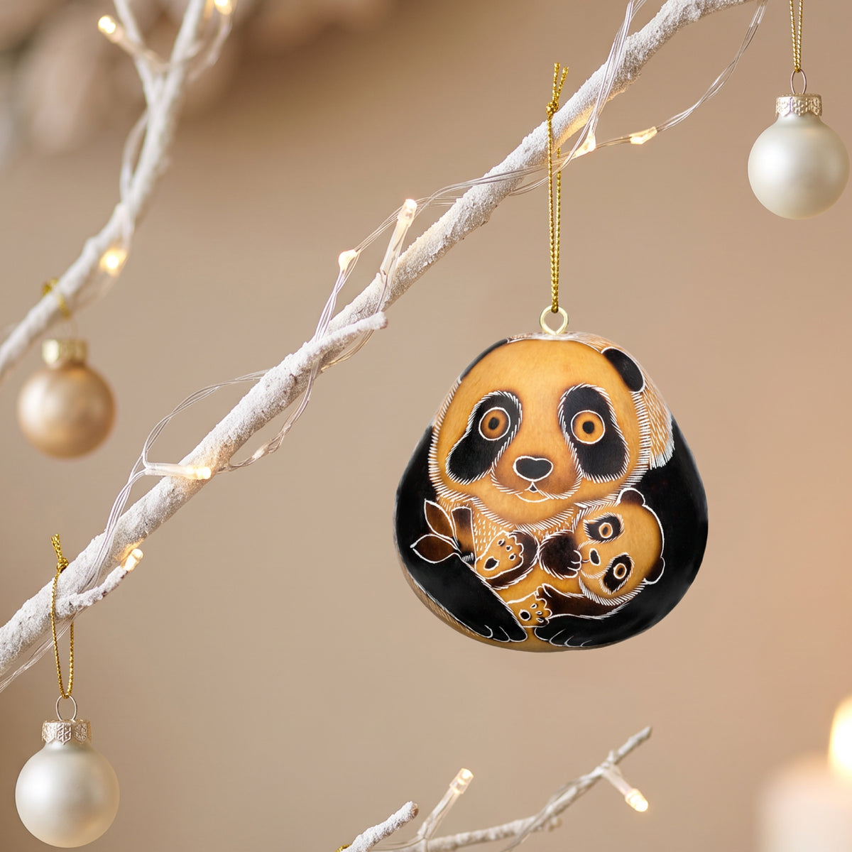 Panda Bear Mom and Cub - Gourd Ornament