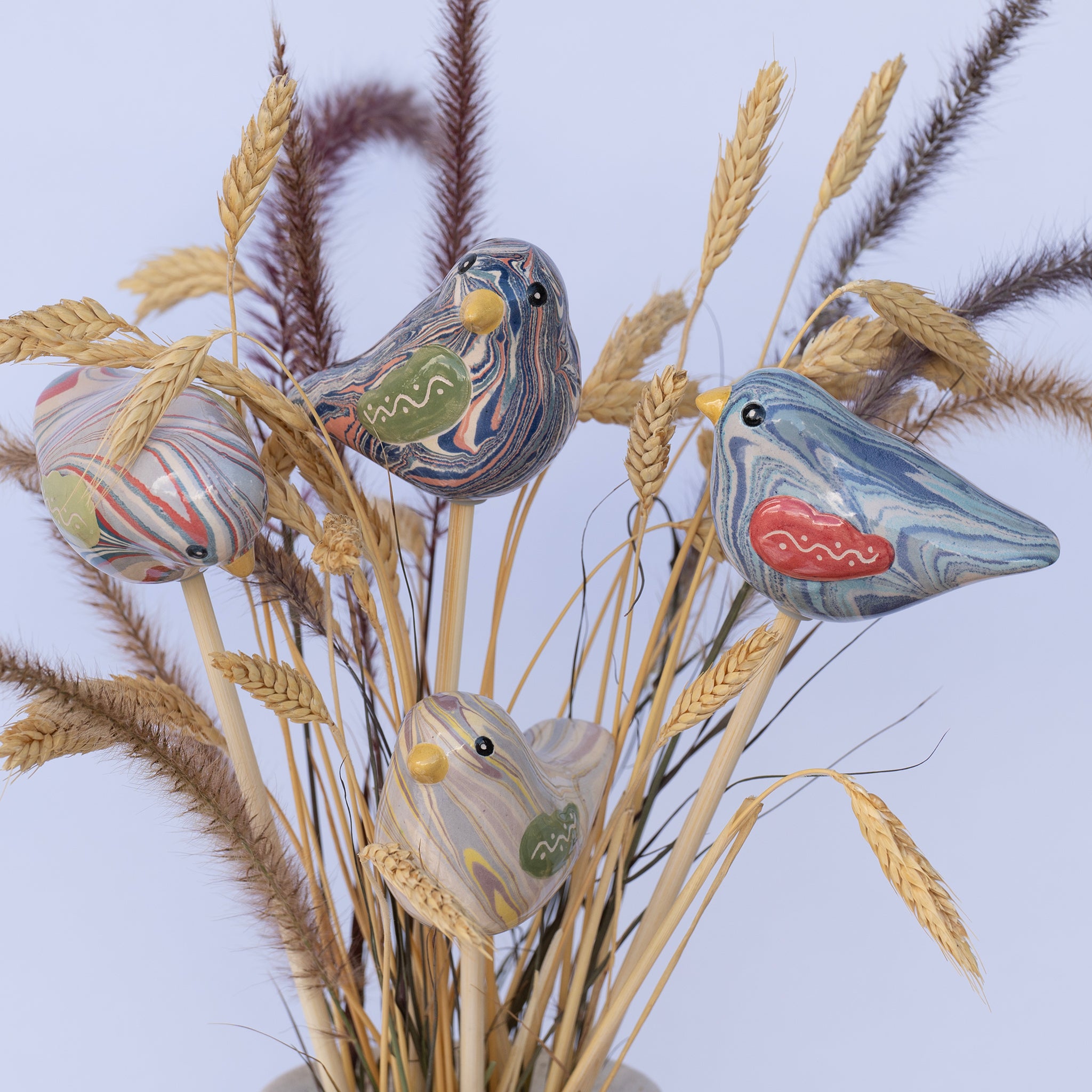 Bird - Swirly Ceramic Plant Stake - Assorted Colors