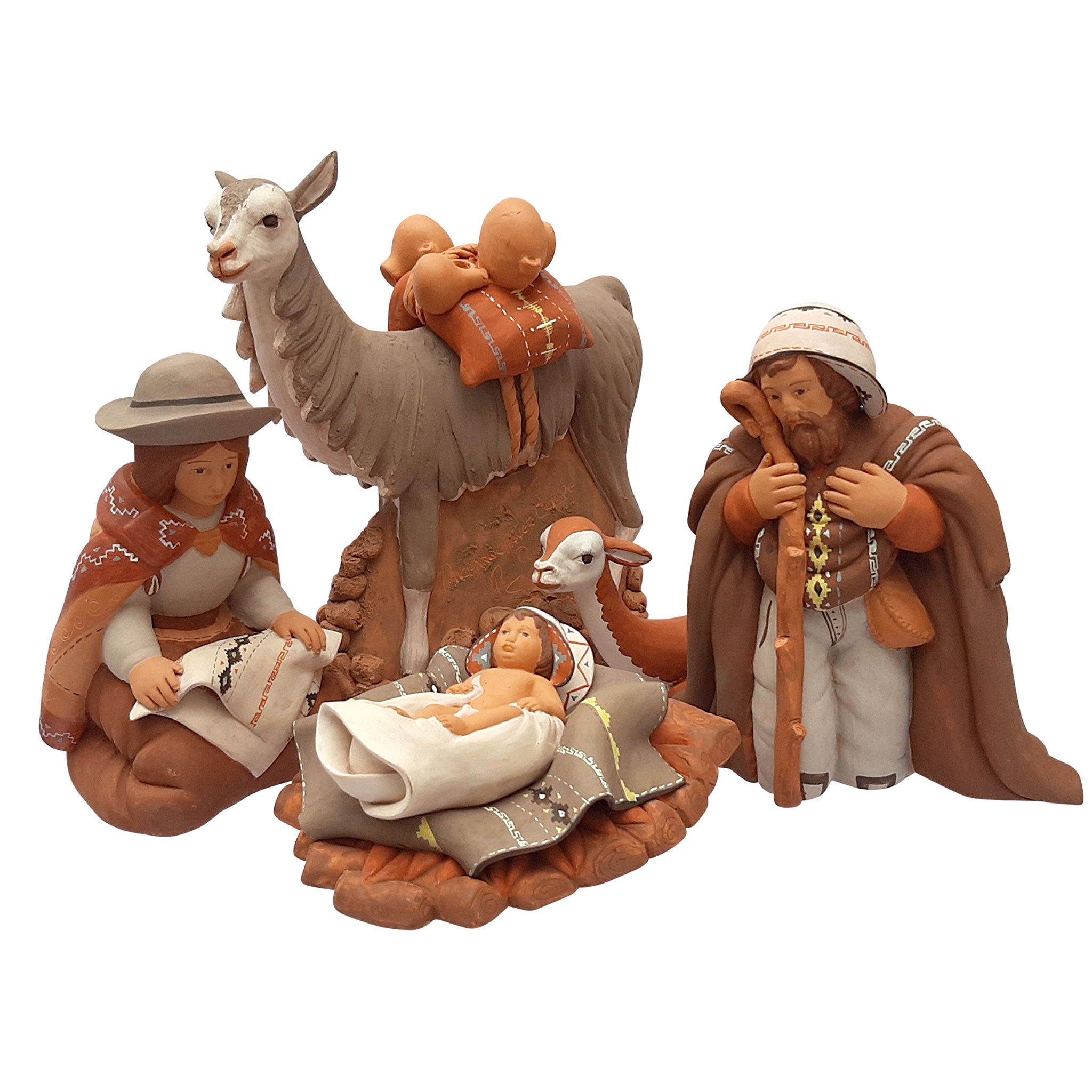 Holy Family and Llama - Fine Ceramic Nativity Set of 5