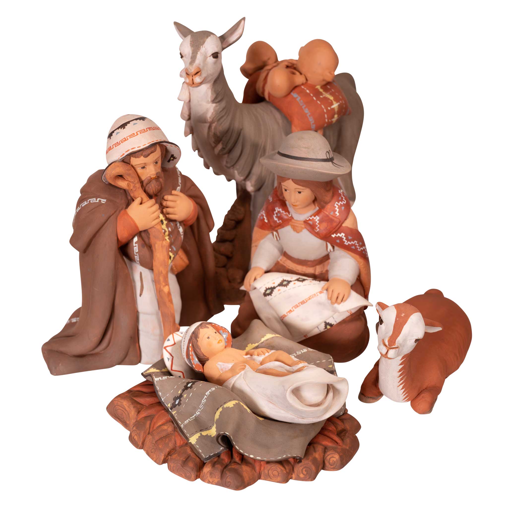 Holy Family and Llama - Fine Ceramic Nativity Set of 5