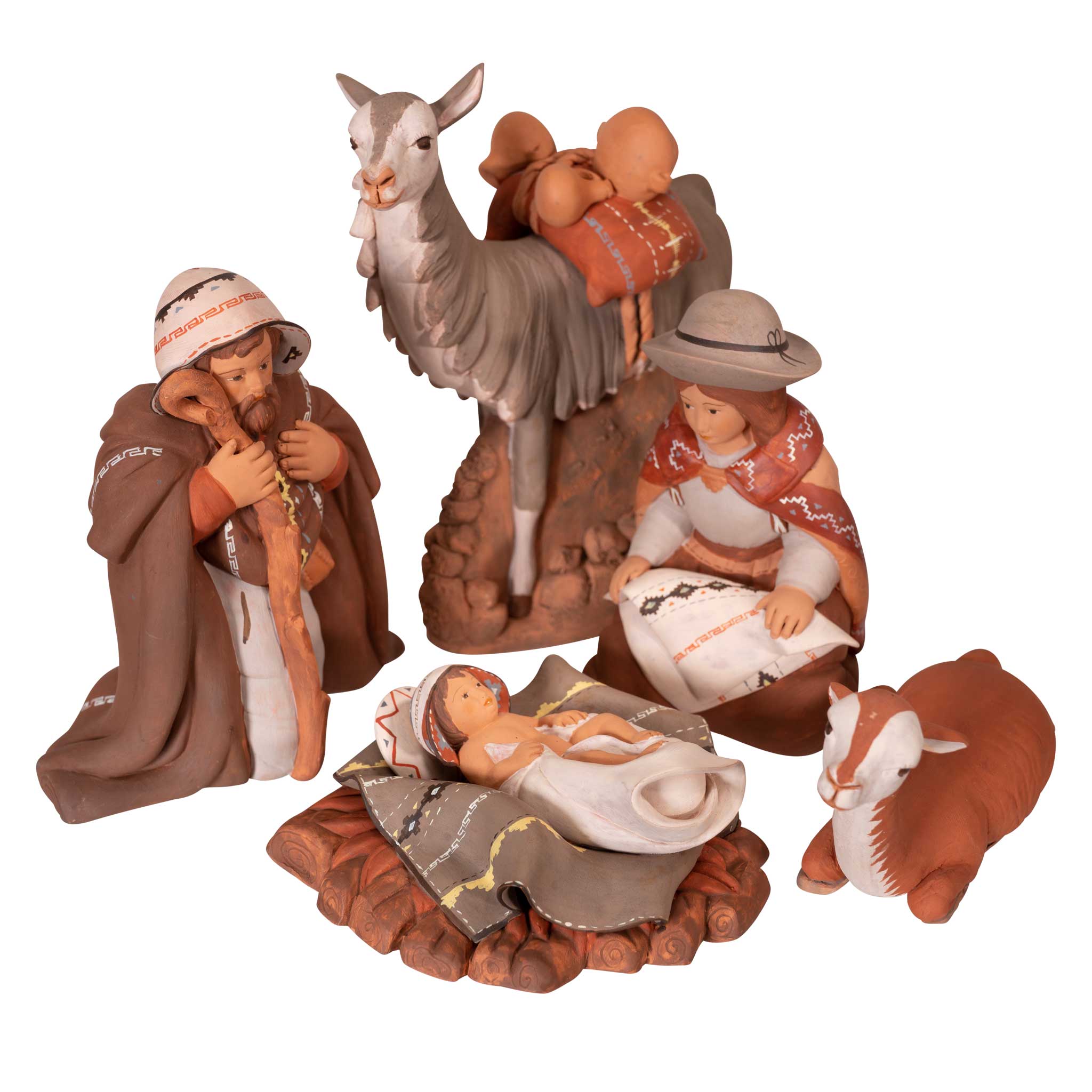Holy Family and Llama - Fine Ceramic Nativity Set of 5