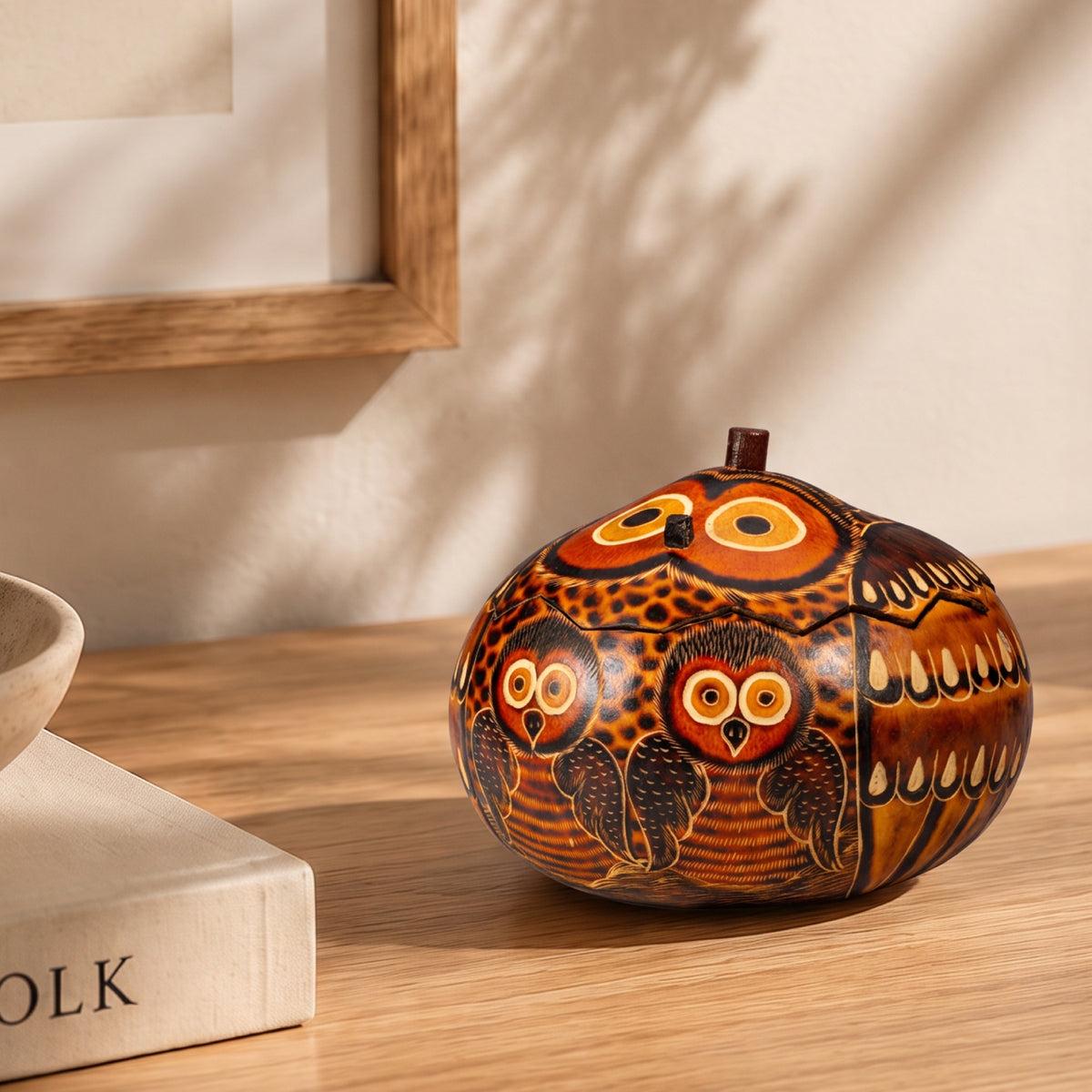 Owl Mom and Chick - Medium Carved Gourd Box