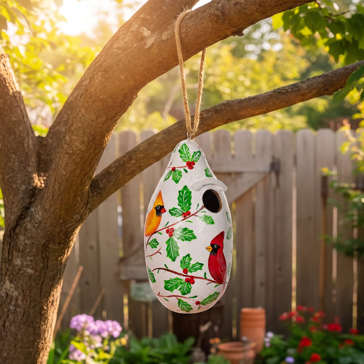 Winter Cardinal Pair - Painted Gourd Birdhouse