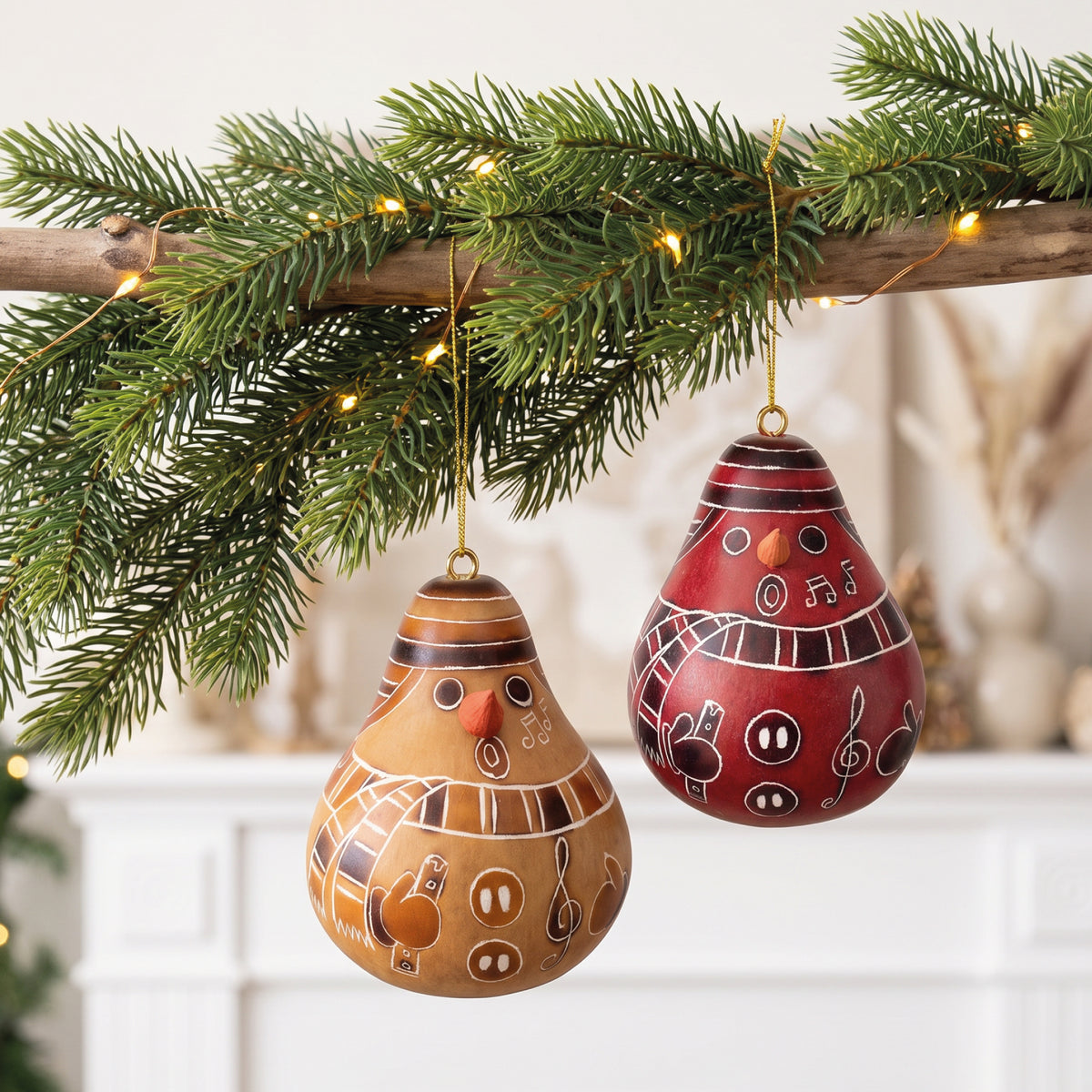 Snowman - Gourd Ornament, assorted colors natural and red