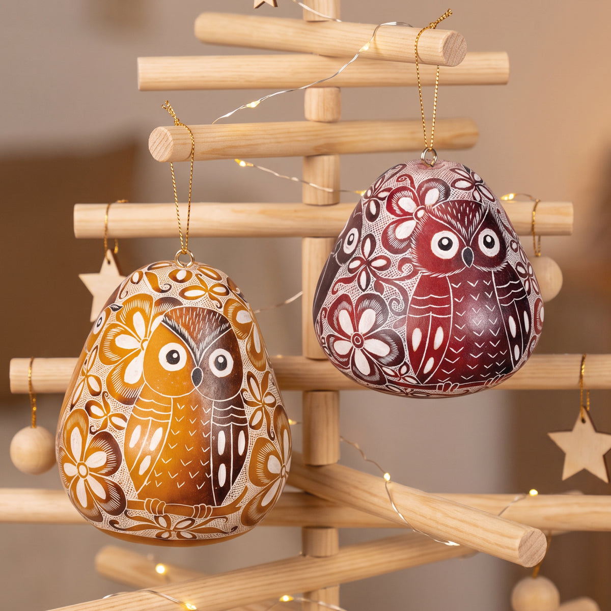 Owl Trio - Laced Gourd Ornament