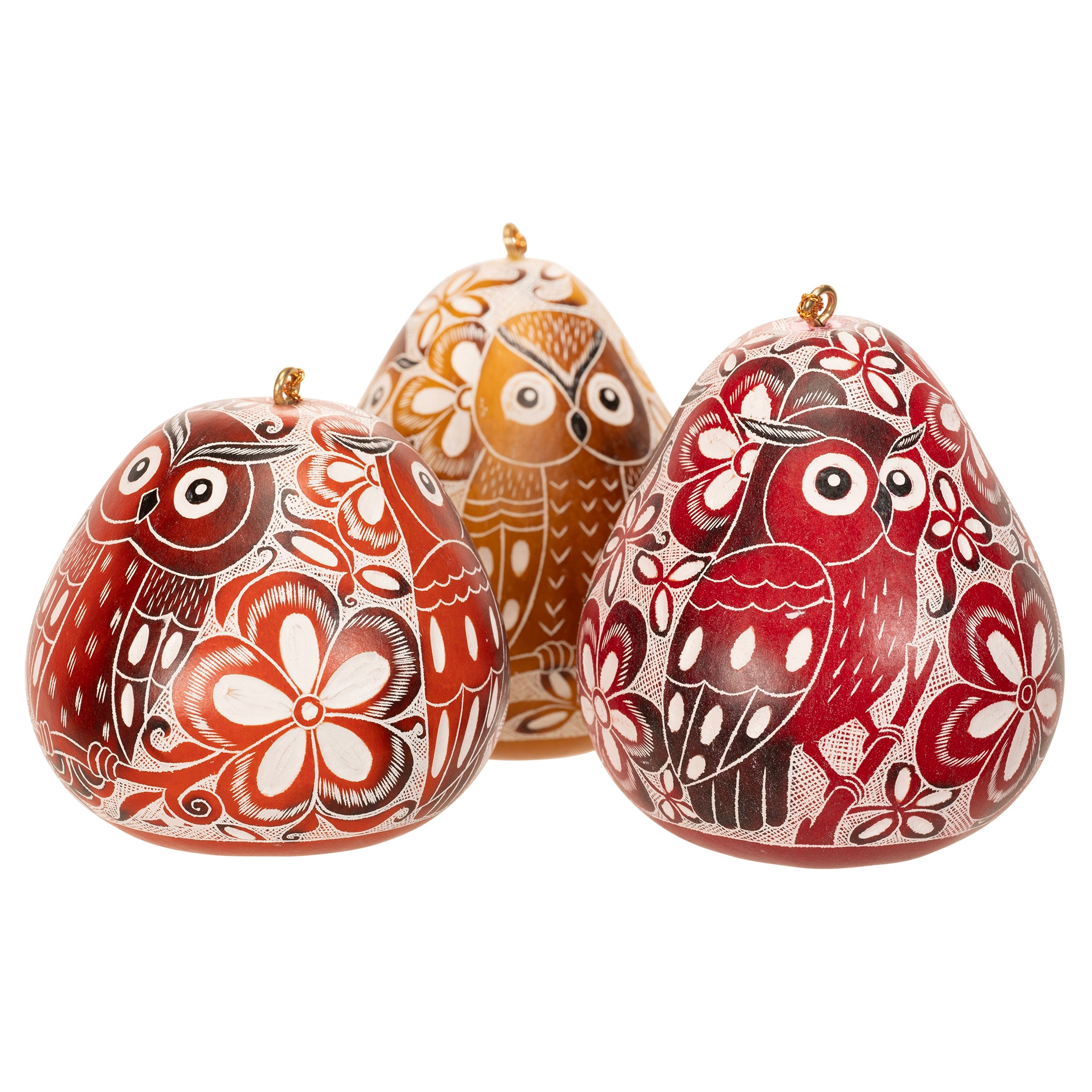 Owl Trio - Laced Bird Gourd Ornament