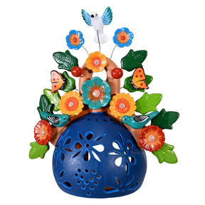 Tree of Life Luminary in Blue - Ceramic Folk Art