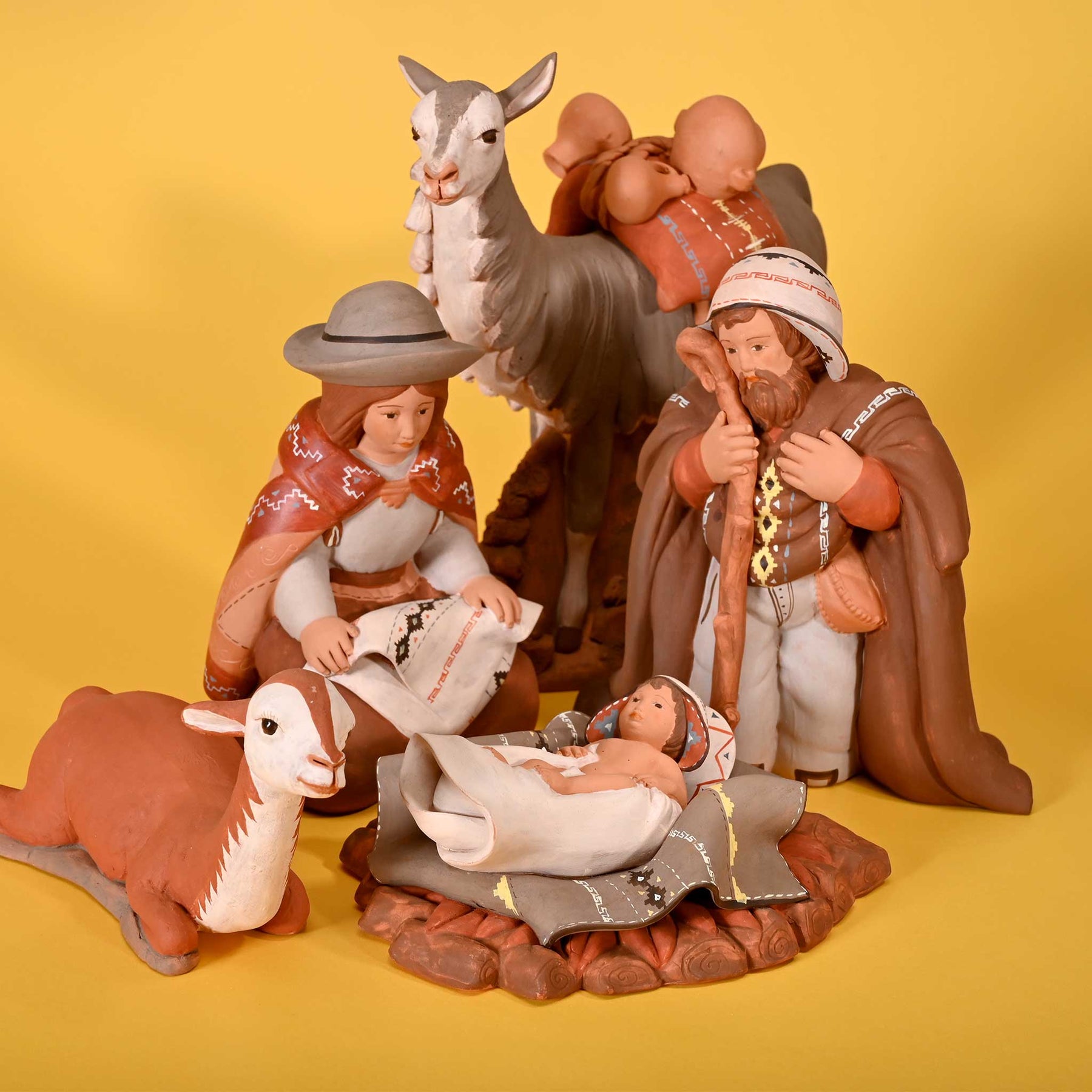 Holy Family and Llama - Fine Ceramic Nativity Set of 5