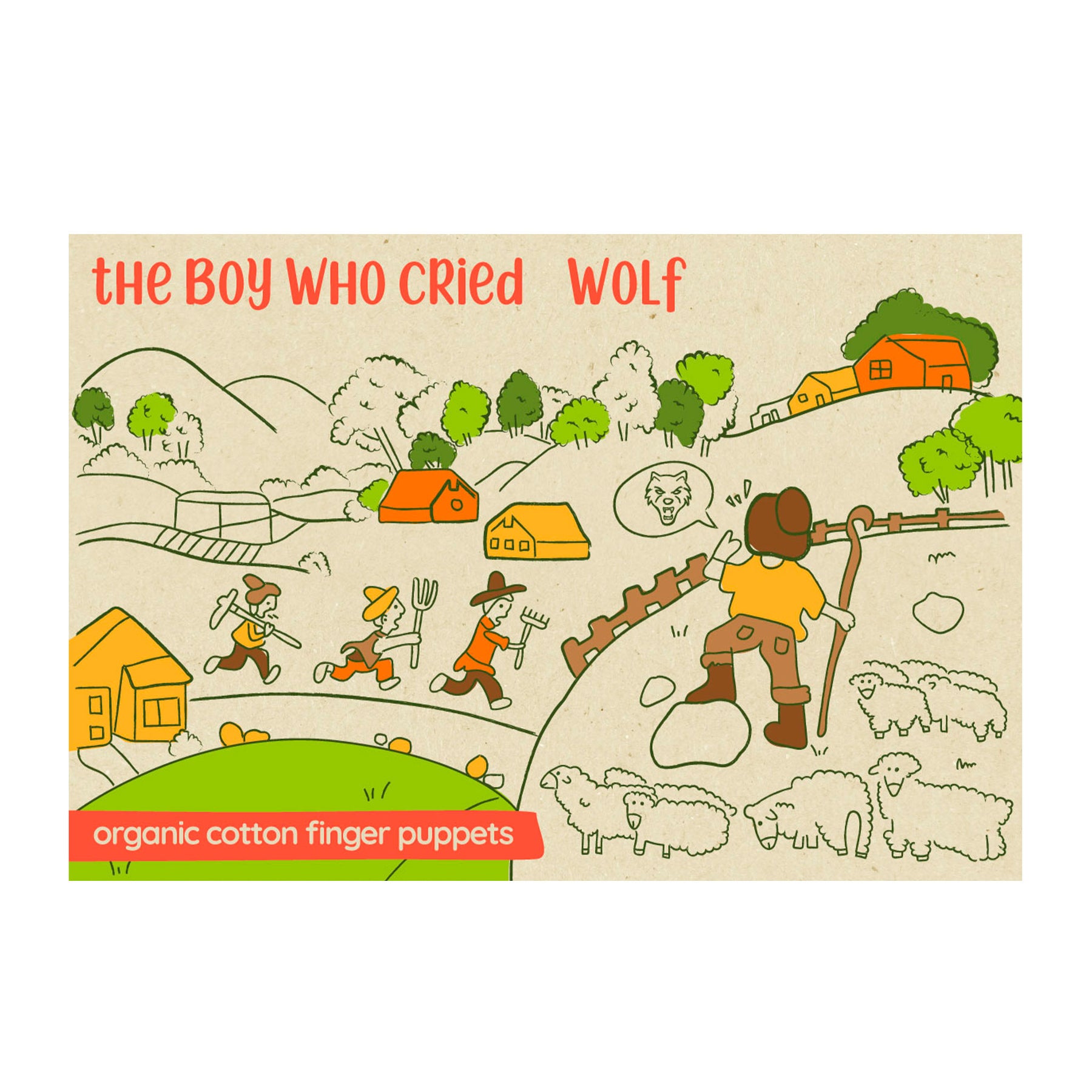 Boy Who Cried Wolf Story Pack of 4 - Organic Cotton Finger Puppets