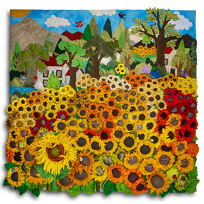 Sunflower Field - Square 36" 3-D Arpillera Art Quilt