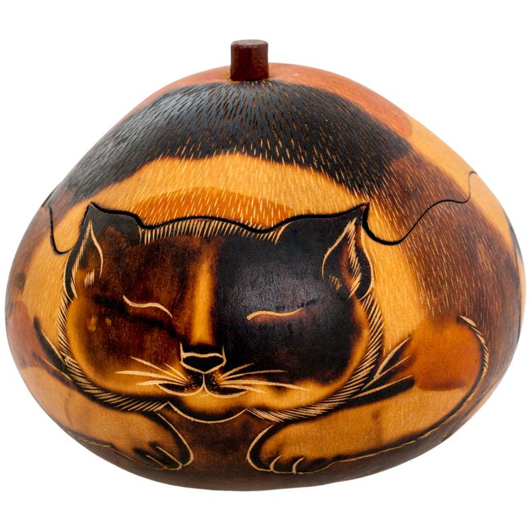 Cat - Petite Carved Gourd Box